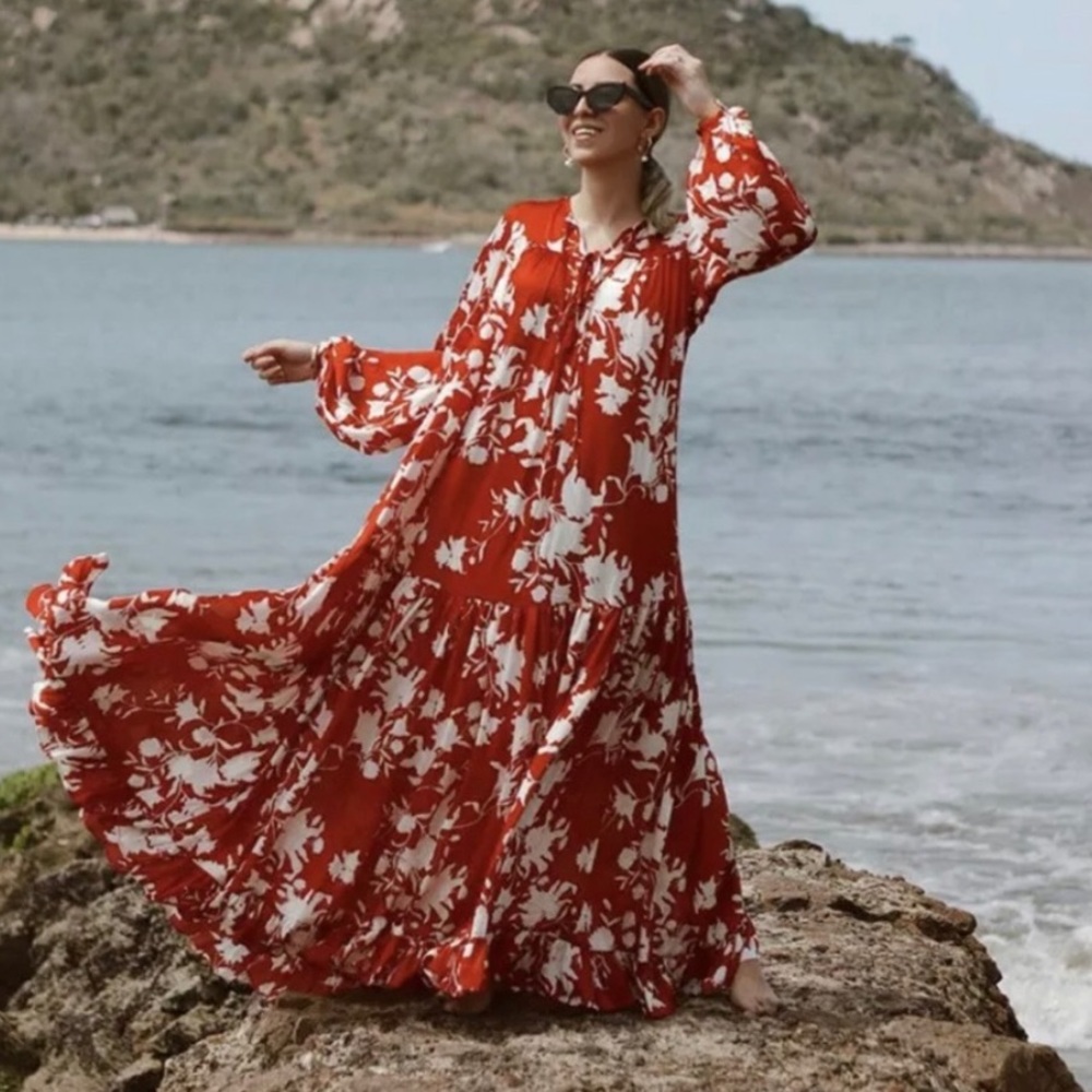 H&M x Johanna Ortiz red satin dress